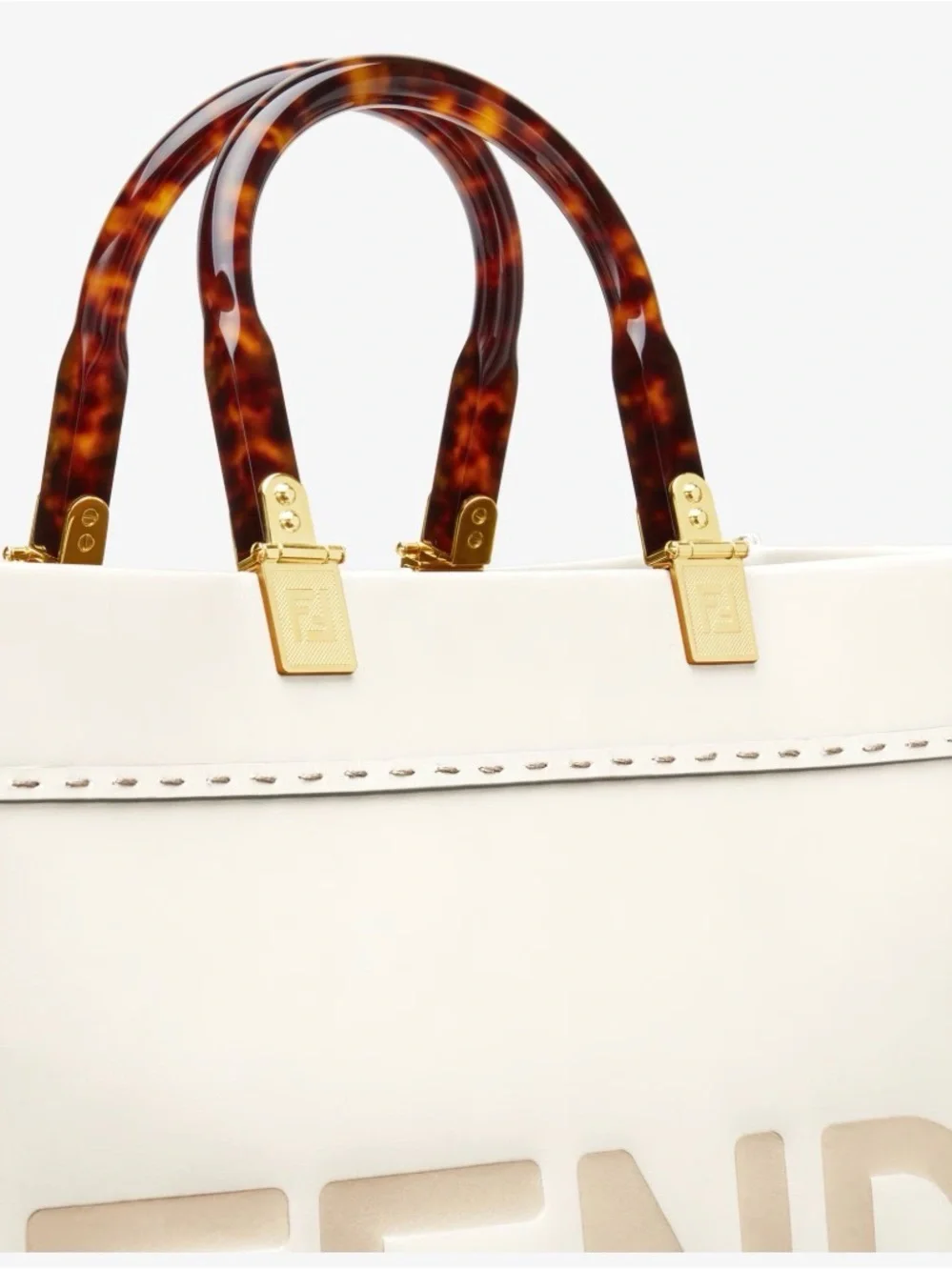 NWT Fendi Sunshine Roma Shopper Leather Tote w Tortoiseshell Handles Gold White - Picture 7 of 7